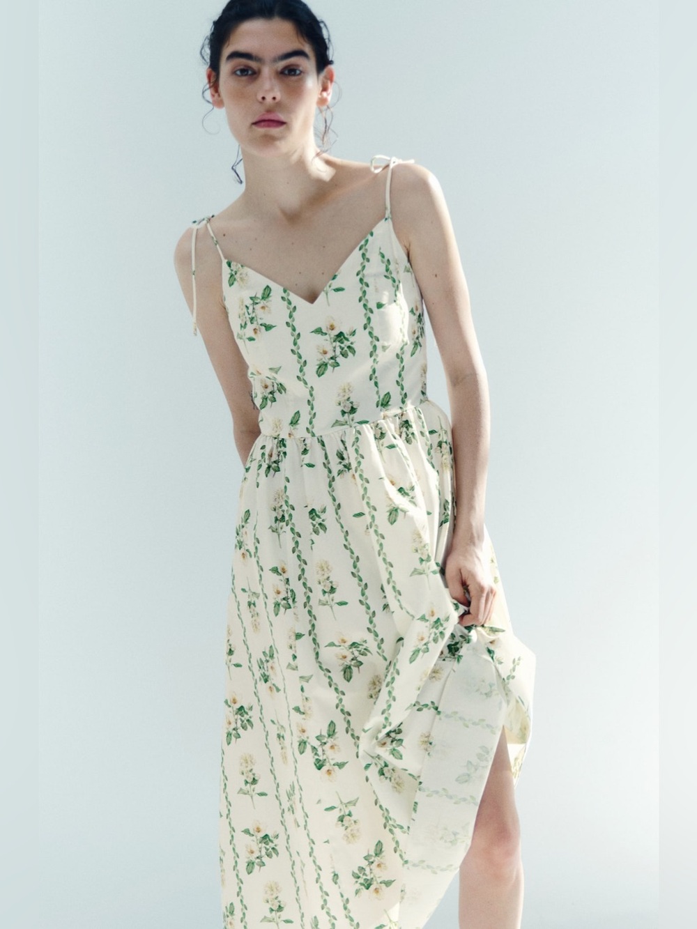 H&M Cream Floral Midi Dress with Green Vine Print